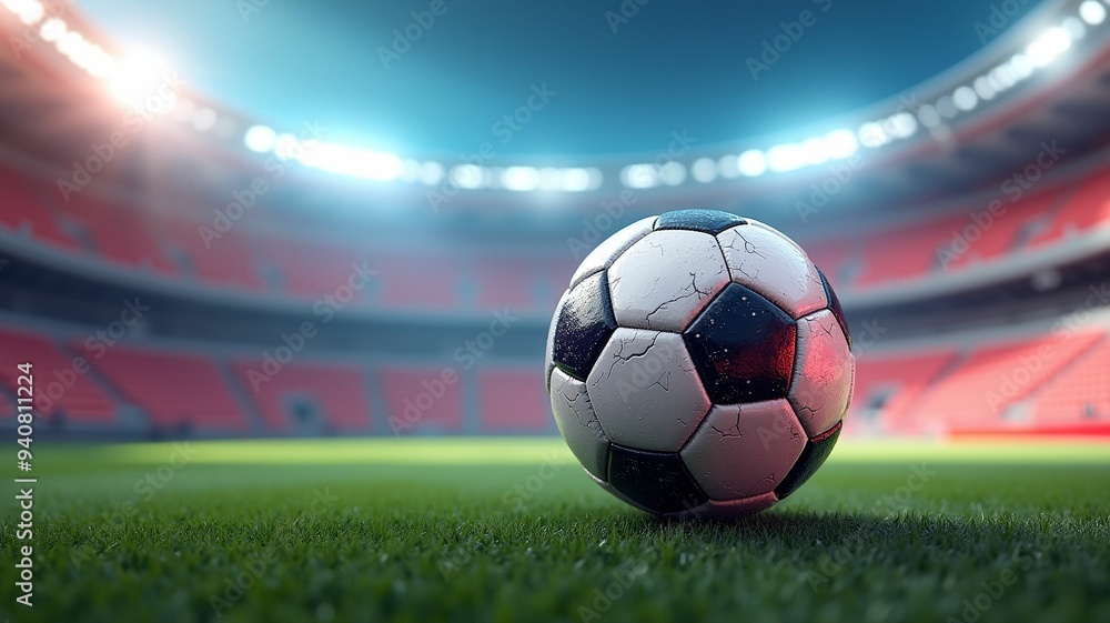 Obraz premium Futuristic soccer ball in colorful stadium. Generative ai design concept