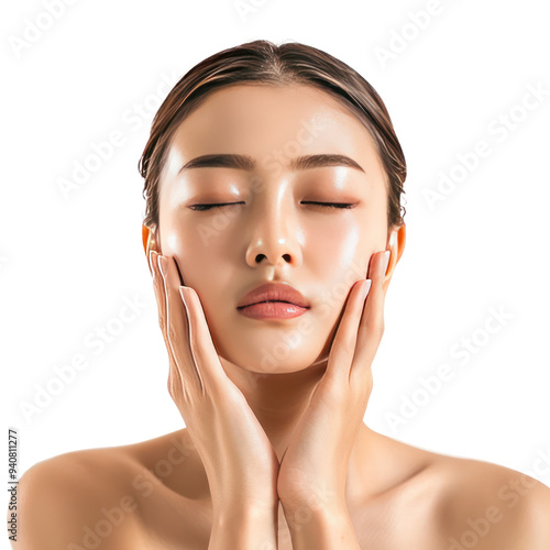 Beautiful woman body and face care with hand geture front view isolate on transparency background photo