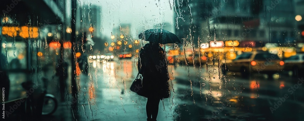 A solitary figure walks with an umbrella amidst a bustling cityscape in the rain, creating a moody, atmospheric scene. A solitary figure walks with an umbrella amidst a bustling cityscape in the rain, creating a moody, atmospheric scene.
