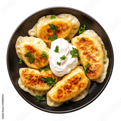 Top view of Polish pierogi with sour cream on a dark plate isolated on transparent background  photo