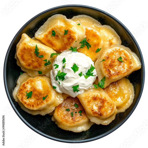 Top view of Polish pierogi with sour cream on a dark plate isolated on transparent background 