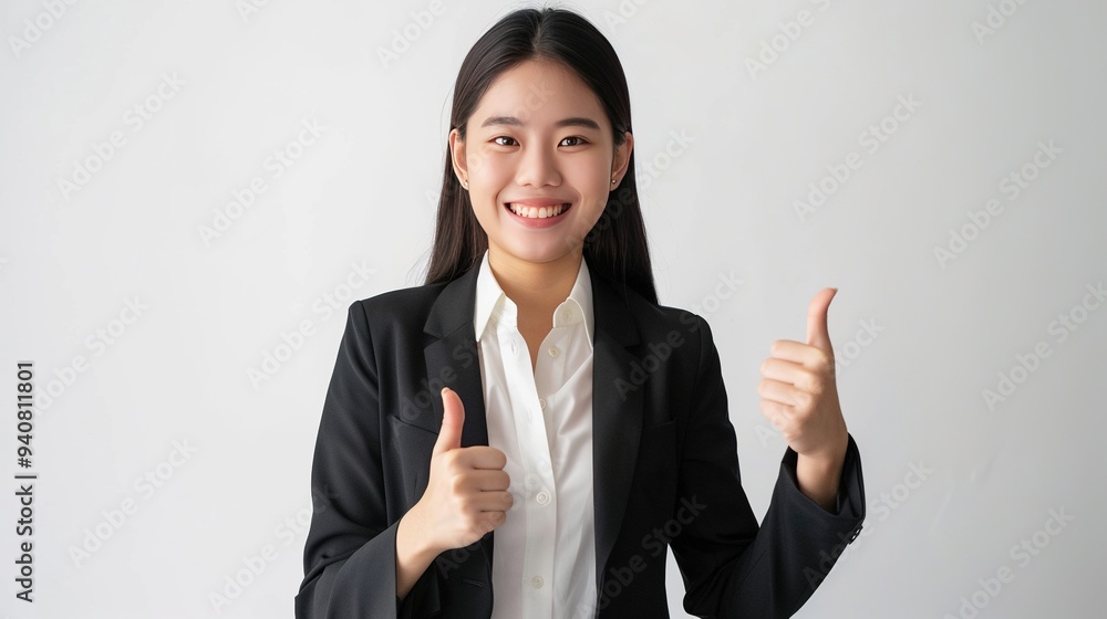 Asian young business woman smiling and standing and showing thumbs up, isolated on white background Asian young business woman smiling and standing and showing thumbs up, isolated on white background