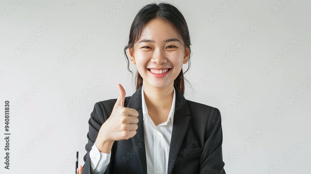 Asian young business woman smiling and standing and showing thumbs up, isolated on white background Asian young business woman smiling and standing and showing thumbs up, isolated on white background