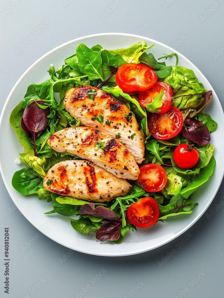 Grilled chicken served on a bed of fresh greens and cherry tomatoes. Grilled chicken served on a bed of fresh greens and cherry tomatoes.