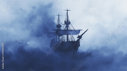 Mysterious Sailing Ship in Foggy Blue Ocean at Dawn in Dreamlike Watercolor Art