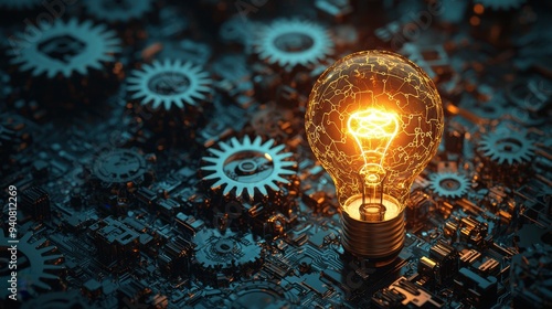 A bright idea visualized by a glowing light bulb amidst a complex network of gears and digital pathways, symbolizing the intersection of creativity and technology in innovation