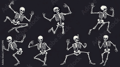 Skeleton dance featuring Halloween-themed characters. Dancing skeletons groove to a haunting beat, rattling bones with macabre delight. Vector set of animated spooky characters.