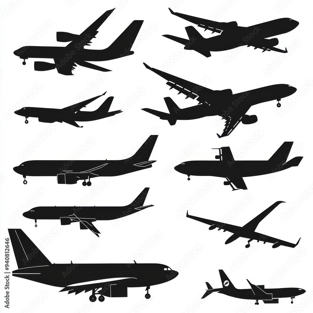 Silhouettes of civil passenger and military combat aircraft. This collection includes modern commercial airliners, private jets, military fighters and bombers, as well as cargo planes with propellers. Silhouettes of civil passenger and military combat aircraft. This collection includes modern commercial airliners, private jets, military fighters and bombers, as well as cargo planes with propellers.