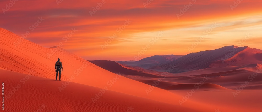 An expansive desert environment with vast, rolling dunes, featuring a lone surveyor standing at the edge of a deep, hidden valley illuminated by a dramatic sunset An expansive desert environment with vast, rolling dunes, featuring a lone surveyor standing at the edge of a deep, hidden valley illuminated by a dramatic sunset