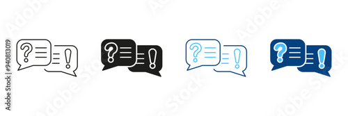 Speech Bubble With Question Mark And Exclamation Mark Line and Silhouette Icon Set. Customer Support Chat Pictogram. FAQ Symbol. Dialog Sign. Editable Stroke. Isolated Vector Illustration