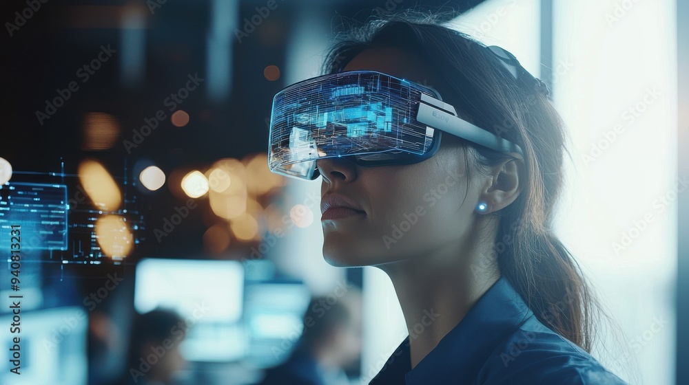 An individual wearing augmented reality glasses standing in a modern office, interacting with virtual data floating in mid-air, the room softly lit by natural light and accented with the soft blue An individual wearing augmented reality glasses standing in a modern office, interacting with virtual data floating in mid-air, the room softly lit by natural light and accented with the soft blue
