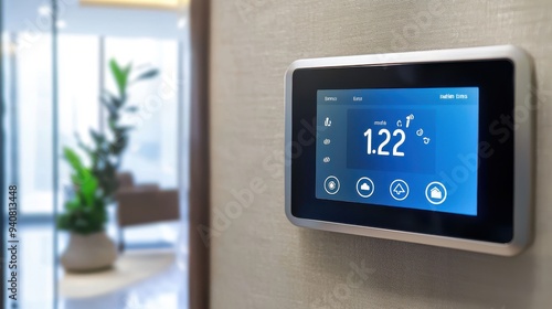 A smart thermostat interface on a sleek, minimalist wall displaying climate control options, with energy-efficient settings and ambient lighting adjusting in real-time as the user swipes through