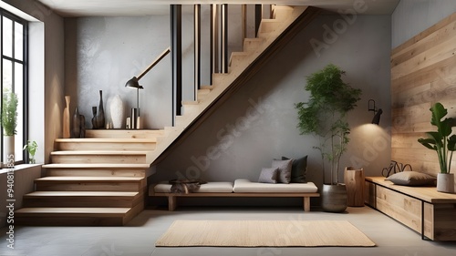 A stunning loft entrance hall with a sleek, modern staircase leading up to a rustic wooden bench nestled against a concrete wall. The perfect blend of contemporary and rustic elements, with plenty of 