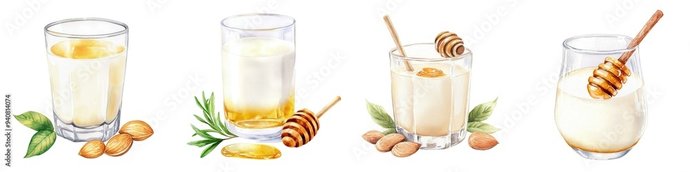 A glass of almond milk with honey, watercolor illustration, dairy-free drink, isolated on white background A glass of almond milk with honey, watercolor illustration, dairy-free drink, isolated on white background