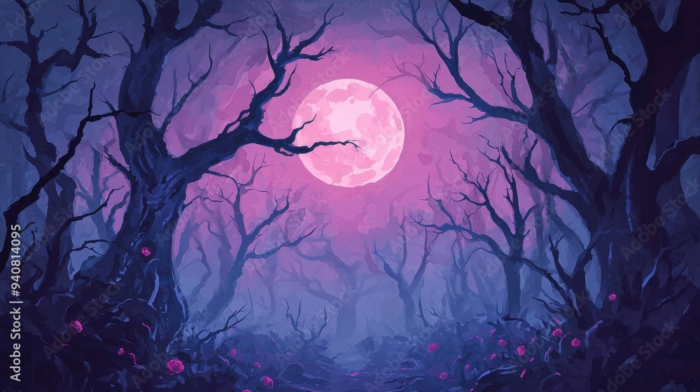 Full Moon in Dark Mystical Forest with Twisted Trees and Pink Hues, Magical and Mysterious Night Full Moon in Dark Mystical Forest with Twisted Trees and Pink Hues, Magical and Mysterious Night