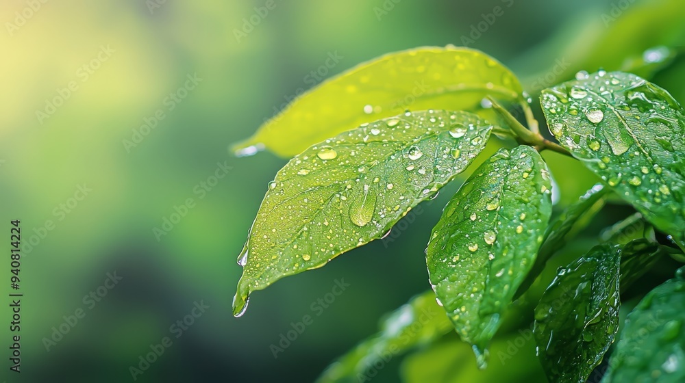 A tight shot of a verdant leaf, speckled with water droplets, against a softly blurred backdrop of similarly wet foliage A tight shot of a verdant leaf, speckled with water droplets, against a softly blurred backdrop of similarly wet foliage