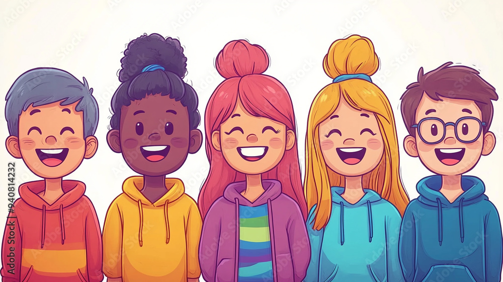 Naklejka premium A cheerful group of five animated friends with diverse hairstyles and colorful outfits, smiling together in a joyful moment.