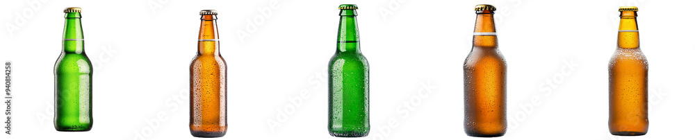 A collection of five beer bottles with condensation droplets isolated on a transparent background, perfect for summer and party themes A collection of five beer bottles with condensation droplets isolated on a transparent background, perfect for summer and party themes