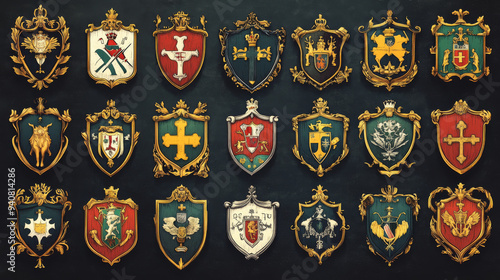 Coat of arms of Switzerland and its cantons, featuring vector heraldic shields with emblems of Zurich, Bern, Lucerne, Geneva, Uri, Schwyz, Obwalden, Nidwalden, Glarus, Zug, and Fribourg.  photo