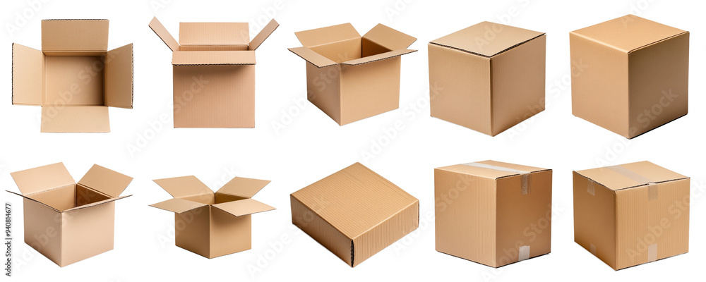 A collection of various open and closed cardboard boxes, isolated on a transparent background, ideal for packaging concepts