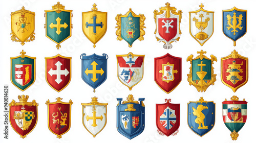 Coat of arms of Switzerland and its cantons, featuring vector heraldic shields with emblems of Zurich, Bern, Lucerne, Geneva, Uri, Schwyz, Obwalden, Nidwalden, Glarus, Zug, and Fribourg.  photo