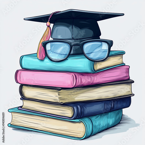 A colorful stack of books topped with glasses and a graduation cap, symbolizing education and academic achievement.
