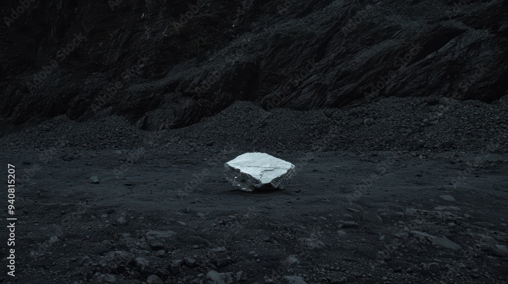 Obraz premium Solitary White Rock In Dark Desolate Rocky Landscape, Atmospheric Tones