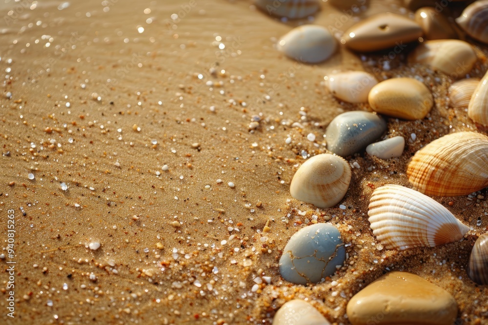 Seashells and Pebbles on a Sandy Beach. Seashells and Pebbles on a Sandy Beach.