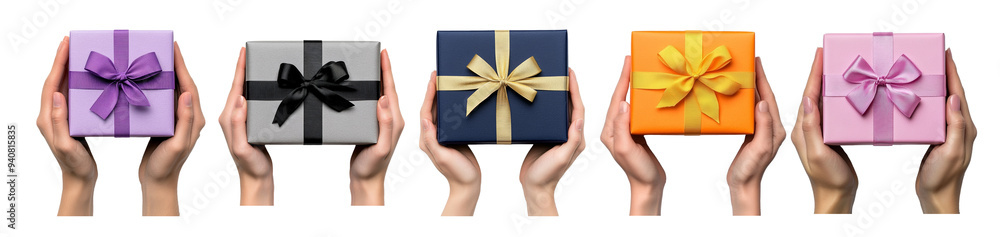 A collection of diverse hands holding colorful gift boxes with ribbons, isolated on a transparent background, ideal for festive holiday celebrations A collection of diverse hands holding colorful gift boxes with ribbons, isolated on a transparent background, ideal for festive holiday celebrations