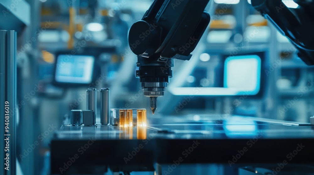 A robotic arm in a high-tech factory, performing precise tasks with speed and accuracy. The scene highlights the role of robotic automation in manufacturing, as robots become essential tools for A robotic arm in a high-tech factory, performing precise tasks with speed and accuracy. The scene highlights the role of robotic automation in manufacturing, as robots become essential tools for