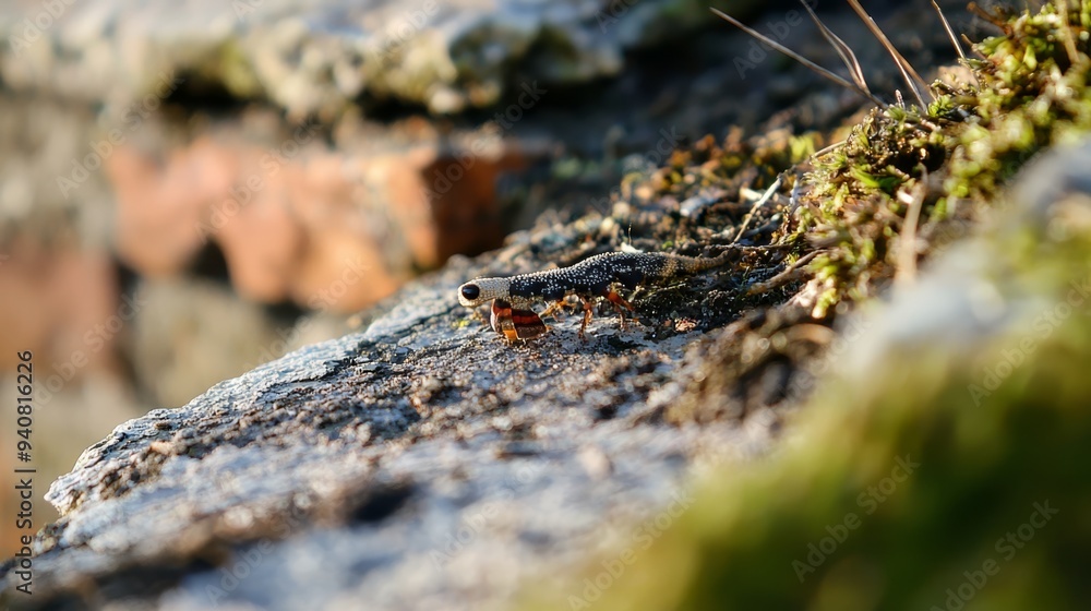 A small bug scuttles along a moss-covered stone wall's edge A small bug scuttles along a moss-covered stone wall's edge