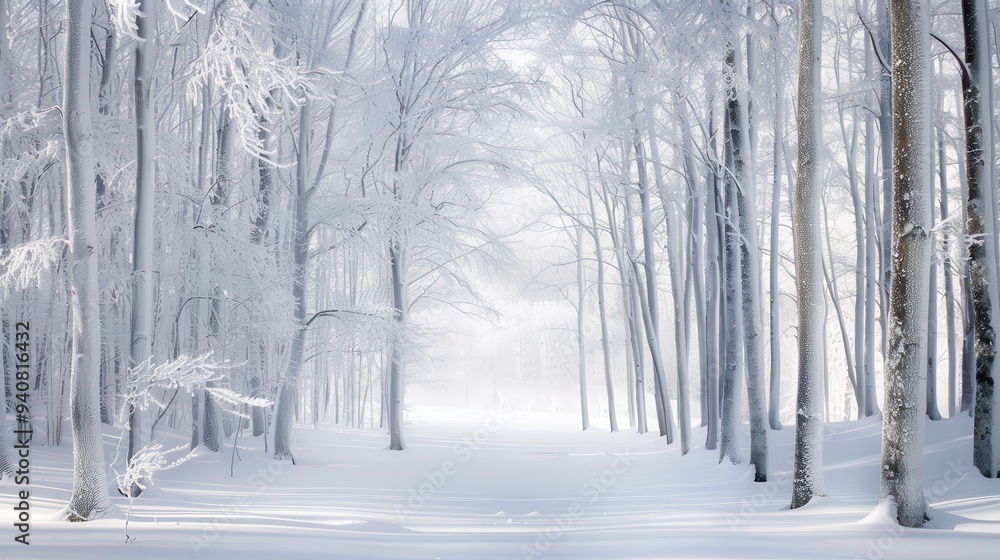 Fototapeta premium Snow-Covered Forest Serenity, expansive vista of a frosty woodland, bare trees adorned with icy crystals, soft white snow blankets the ground, tranquil winter landscape.