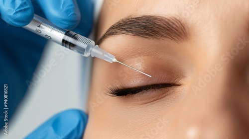 Injection cosmetology. An injection in the eyelid. Non-surgical blepharoplasty. Contouring of the eyelids. Anesthesia