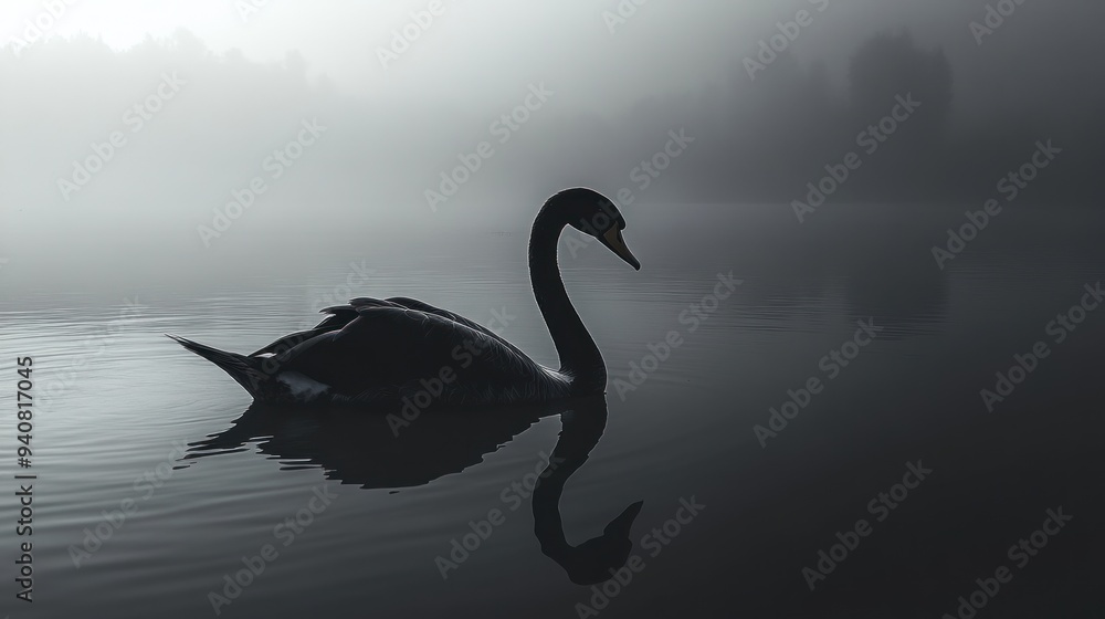 Fototapeta premium black swan swimming in a foggy lake