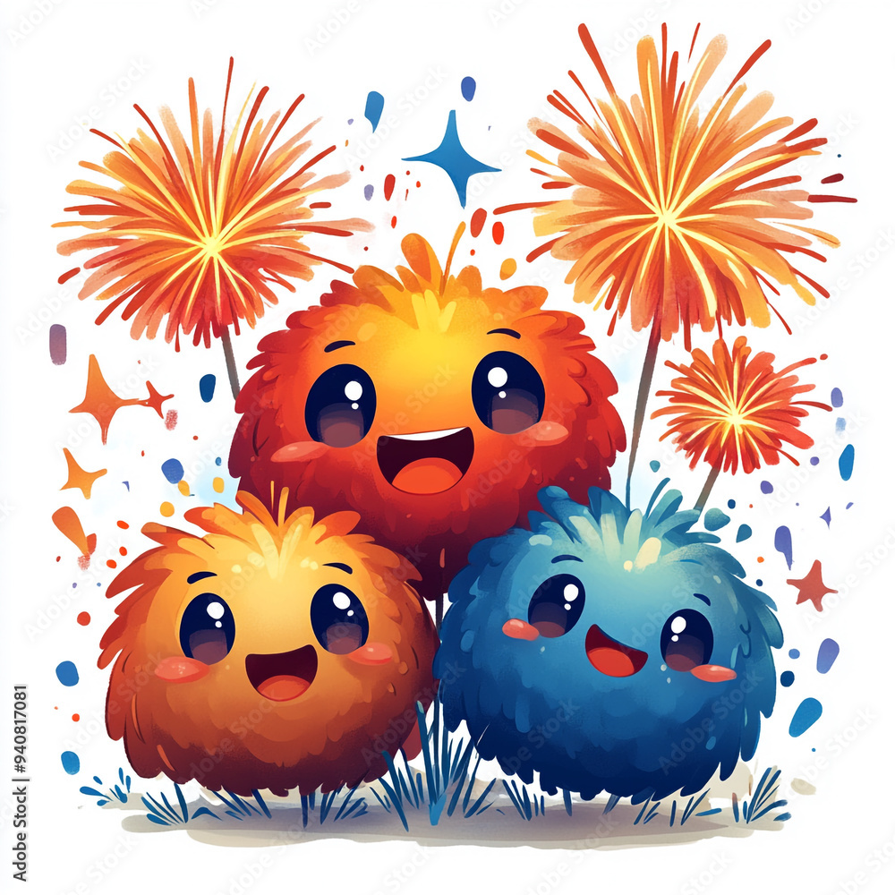 Obraz premium Cheerful furry characters celebrate with colorful fireworks, embodying joy and festivity in a whimsical, vibrant illustration.