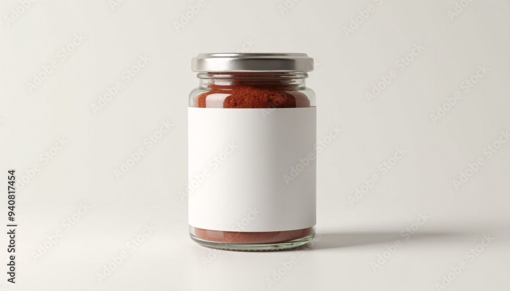 Mock up blank product label on a cylindrical glass spice jar, isolated on a light background Mock up blank product label on a cylindrical glass spice jar, isolated on a light background