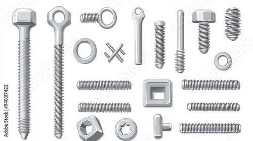 Vector illustration of construction fasteners including realistic screws, bolts, and nuts. The set features metallic lag screws, bolts, hex cap nuts, eye hooks, drywalls, twinfasts, and wood fasteners