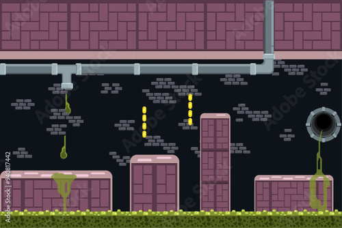 2d platform game side view adventure with style rounded block in sewer underground waste level four