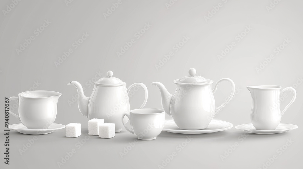 Realistic vector design of a tea or coffee set, including white ceramic cups and pots. Features 3D porcelain teapots, mugs, kettles, saucers, sugar bowls, creamer pitchers, and sugar cubes. Realistic vector design of a tea or coffee set, including white ceramic cups and pots. Features 3D porcelain teapots, mugs, kettles, saucers, sugar bowls, creamer pitchers, and sugar cubes.