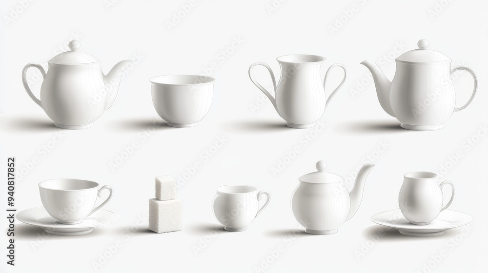 Realistic vector design of a tea or coffee set, including white ceramic cups and pots. Features 3D porcelain teapots, mugs, kettles, saucers, sugar bowls, creamer pitchers, and sugar cubes. Realistic vector design of a tea or coffee set, including white ceramic cups and pots. Features 3D porcelain teapots, mugs, kettles, saucers, sugar bowls, creamer pitchers, and sugar cubes.