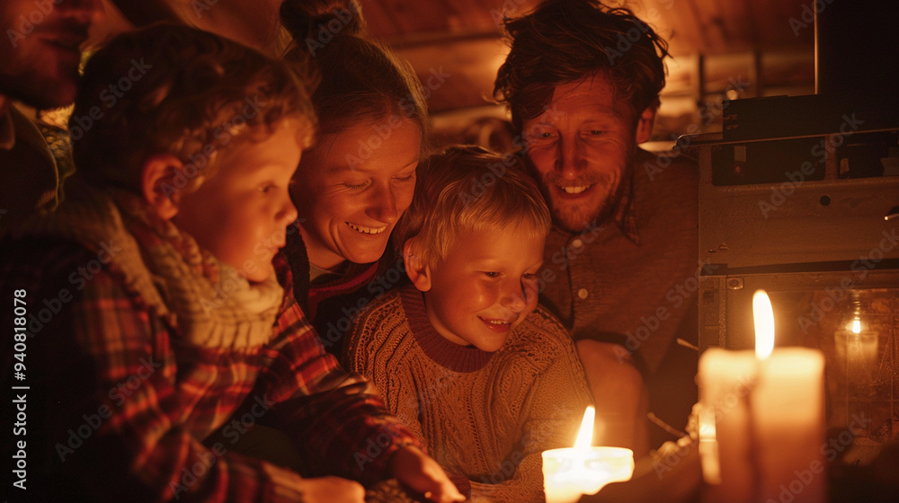 A close-up of a family gathered around a cozy fireplace, their faces illuminated by the warm glow A close-up of a family gathered around a cozy fireplace, their faces illuminated by the warm glow