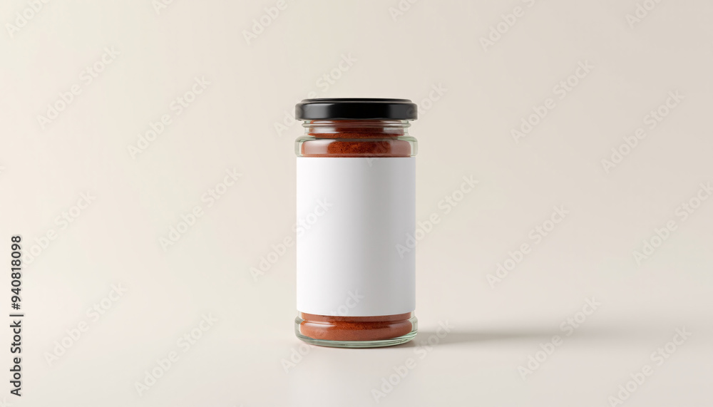 Mock up blank product label on a cylindrical glass spice jar, isolated on a light background Mock up blank product label on a cylindrical glass spice jar, isolated on a light background