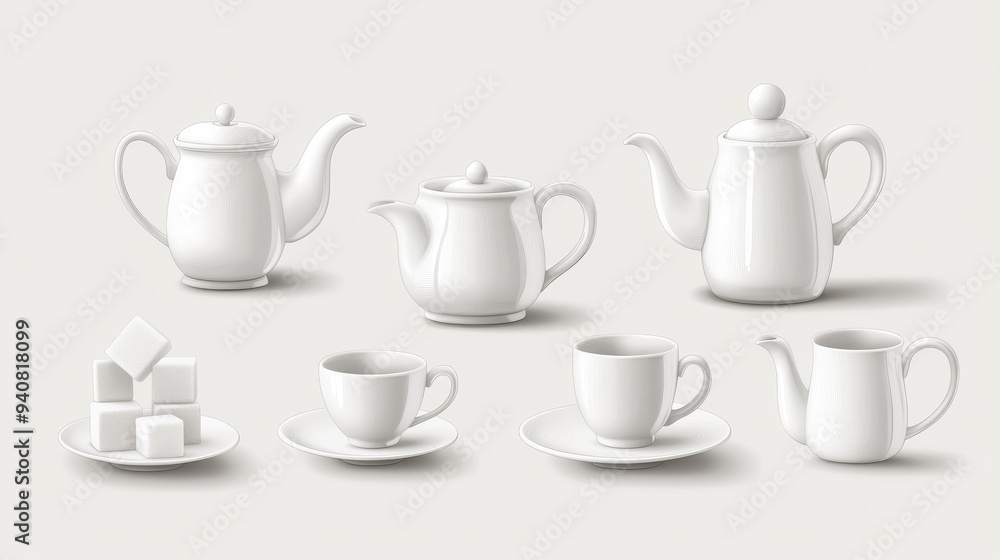 Realistic vector design of a tea or coffee set, including white ceramic cups and pots. Features 3D porcelain teapots, mugs, kettles, saucers, sugar bowls, creamer pitchers, and sugar cubes. Realistic vector design of a tea or coffee set, including white ceramic cups and pots. Features 3D porcelain teapots, mugs, kettles, saucers, sugar bowls, creamer pitchers, and sugar cubes.