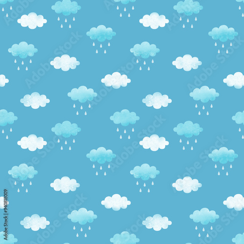 Watercolor cloud and rain on blue sky. Cute raining clouds seamless pattern vector. Simple design for fabric, textile, kid cloth, shirt, baby dress, bedsheet, pajama, clothing, sticker, paper, card.