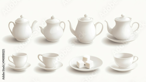 Realistic vector design of a tea or coffee set, including white ceramic cups and pots. Features 3D porcelain teapots, mugs, kettles, saucers, sugar bowls, creamer pitchers, and sugar cubes.