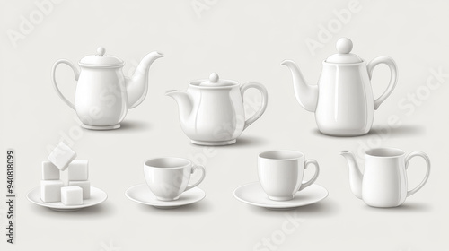 Realistic vector design of a tea or coffee set, including white ceramic cups and pots. Features 3D porcelain teapots, mugs, kettles, saucers, sugar bowls, creamer pitchers, and sugar cubes.