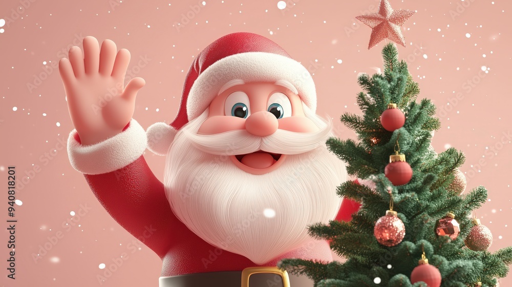 A cheerful Santa Claus waves beside a decorated Christmas tree in a snowy setting. A cheerful Santa Claus waves beside a decorated Christmas tree in a snowy setting.