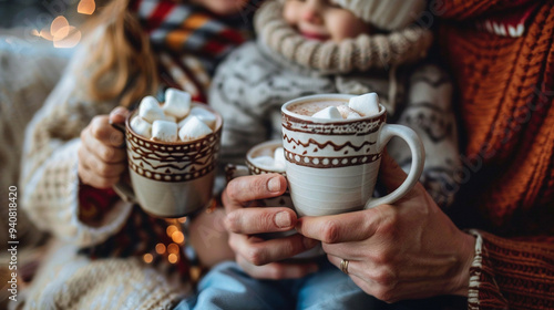 Wallpaper Mural A close-up of a family enjoying hot cocoa with marshmallows, mugs held in hand, steam rising Torontodigital.ca