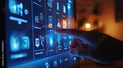 A close-up of a person's hand using a touchscreen interface to control smart home lighting and temperature, with the screen displaying various options and settings, highlighting the customization and