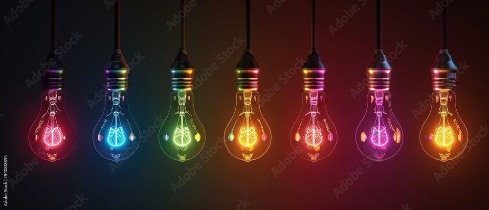 Array of colorful light bulbs hanging in a dark room Array of colorful light bulbs hanging in a dark room